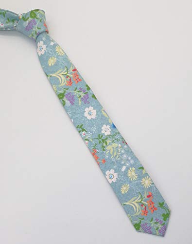 Image of Men's Skinny Tie Floral Cotton Necktie and Tie Bar Clip Sets, Great for Weddings,Groom,Groomsmen