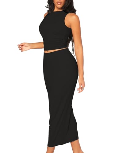 Image of Bdwinz Women's Casual 2 Piece Dress Round Neck Tank Top Bodycon Midi Skirt Dress Set