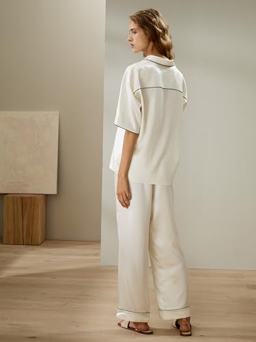 LilySilk Silk Pajama Set for Women 100% Short Sleeves Button-Down Pajama Shirt Top & Mid-Rise Waisted Pants Casual2