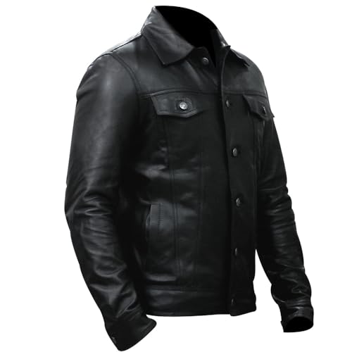 Image of Men's Genuine Leather Trucker Jacket Vintage Motorcycle Black Western Biker Slim Fit Trucker Jacket