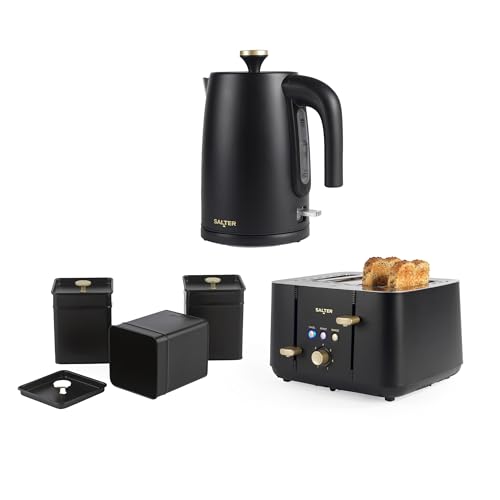 Salter - Salter Alchemy Kettle, Toaster & Canister Set for Kitchen Countertop - 4 Slice Toaster with 7 Browning Levels, 1.7L BPA-Free Rapid Boil Kettle, 3pc Canister Set for Tea, Coffee and Sugar, Black/Gold