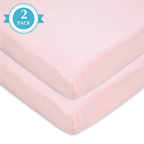 Image of American Baby Company 2 Pack 100% Natural Cotton Fitted Pack and Play Sheets 39 inch x 27 inch - Soft & Breathable Pack N Play Sheets for Playard & Mini Crib Mattress, Pink, for Boys & Girls