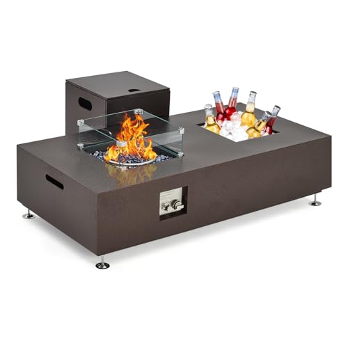56" Propane Fire Pit Table with Ice Bucket,50000BTU Fire Table with 13" Square Drink Ice Bucket Wind Guard, Fire Glass Beads & CSA Safety Certified Outdoor Firepit for Patio Garden