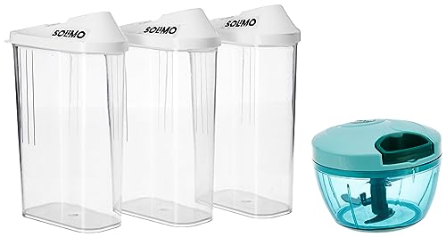 Image of Amazon Brand - Solimo Plastic Storage container Set with sliding mouth (Set of 3, 1100 ml) Plastic Compact Vegetable Chopper (350 ml, Green)