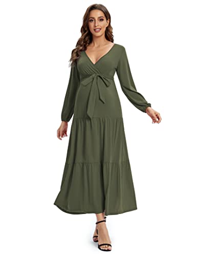 Coolmee Maternity Dress Women's V-Neck Long Sleeve Pleated Maternity Maxi Dress for Baby Shower or Casual Wear Olive M