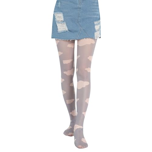 Juaugusep Woman Y2K Sheer Tights Mesh Pantyhose Long Stockings Tie Dye Colourful Patterned Tight Skinny Leggings (Cloud ONE SIZE)