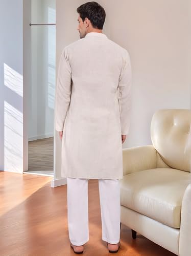 SKAVIJ Mens Kurta Robe Button Down Long Sleeve Henley Cotton Thobe Casual Kaftan Gown Pants Shirt Set2
