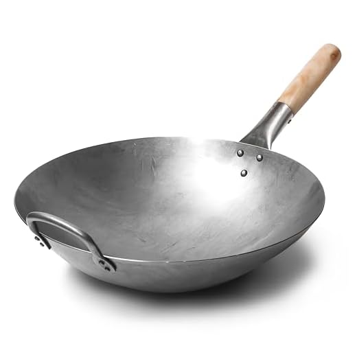 Craft Wok Traditioneller handgehämmerter Wok aus Karbonstahl mit Griff aus Holz und Stahl (Durchmesser 35,6 cm, Rundboden)/731W88