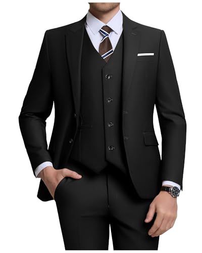 ZKHOECR Herren-Anzug-Set, 3-teilig, schmale Passform, Blazer mit Zwei Knöpfen, einfarbig, Jacke, Weste, Hose, Hochzeit, Business-Anzug, Schwarz, M