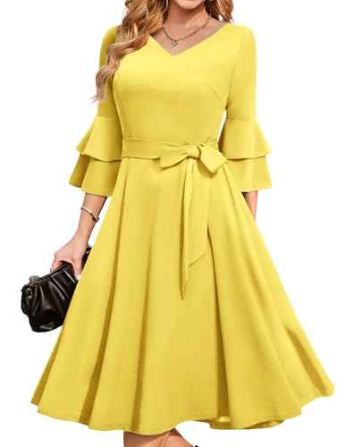 Image of DRESSTELLS Women's Cocktail Dress Summer Wedding Guest Party Vintage 3 /4 Bell Sleeve V Neck A-Line Dress