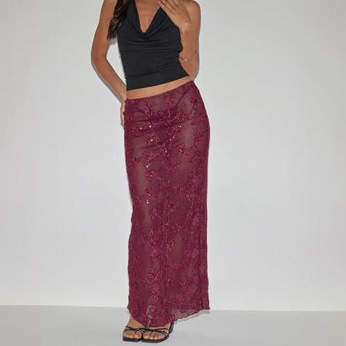 Women's Lace Long Skirt Stylish Solid Lace Floral Sheer Low Rise Skirt for Daily Life Party & Bar3