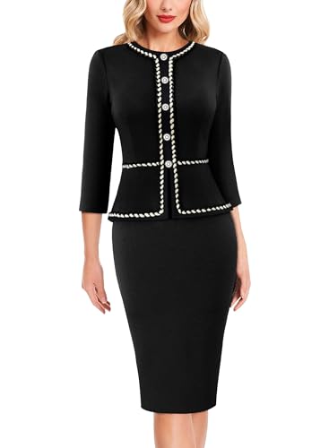 VFSHOW Womens 2024 Fall Winter Office Business Work Church Dresses Tweed Peplum Slimming Bodycon Pencil Sheath Dress