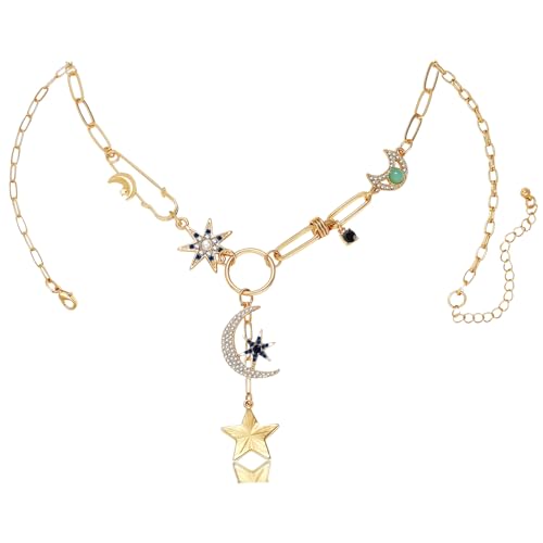 Boho Gold-Tone Moon & Star Charm Necklace - Trendy Star Jewelry & Gold-tone Charm Boho Necklace, Perfect Christmas Jewelry Gift For Women - 18K Gold Plated Heart Pendent & Hip Hop CharmNecklace2