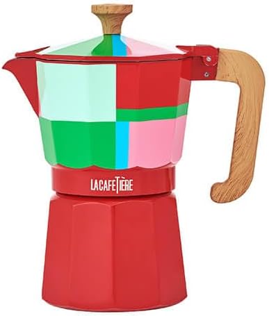 La Cafetière Venice Espresso Maker for 6 Cups, 290 ml, Aluminium Stovetop Coffee Maker with Geometric Pattern, Moka Pot for Gas and Electric Stoves with Wooden Handle, Utopian Lines