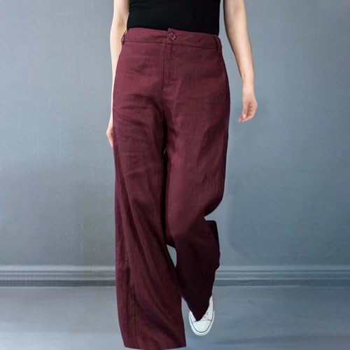 Womens Casual Linen Pants Button Straight Wide Leg Summer Pants Lightweight Business Work Trousers with Pockets2