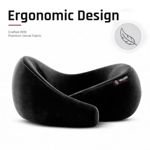 Image of Premium Memory Foam Neck Pillow by ValorX USA for Travelling 360 Neck Support with Adjustable Velcro Straps & Ultra-Soft Velvet Cover, Black