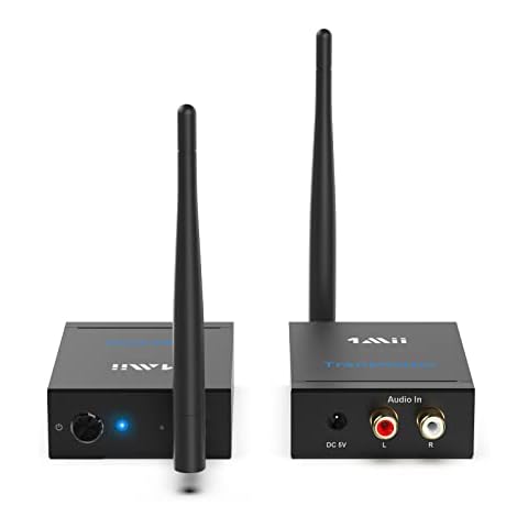1Mii Wireless Audio Transmitter and Receiver, 2.4GHz Long Range Transmitter and Receiver Low Latency from TV/PC to Active Bookshelf Speakers/Stereo/Subwoofer/CD, RCA Port, 100m Outdoor(Audio Only) Cover