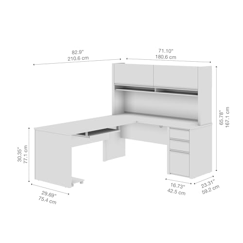 Image of Bestar L Shaped Desk with Drawers, Hutch, and Keyboard Tray, Executive Workstation for Home or Professional Office, 72 Inches, Connexion Collection, Antigua and Black