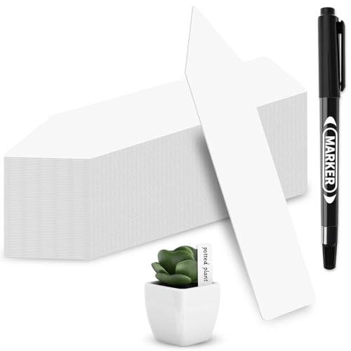 MOXYOY 110 Pcs White Plastic Plant Labels & Markers 10 CM Reusable Plants Name Tags Plant Label and Pen for Outdoor Plants Garden Labels for Herb Seed Flower Potted Plants (Pentagonal)