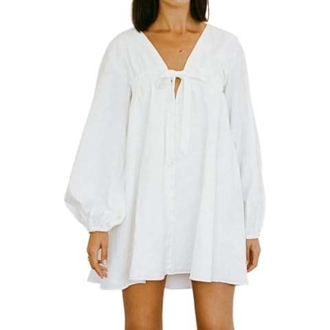 PINUPART Women's Casual Long Puff Sleeve Tops Mini V Neck Maternity Dress White M Cover