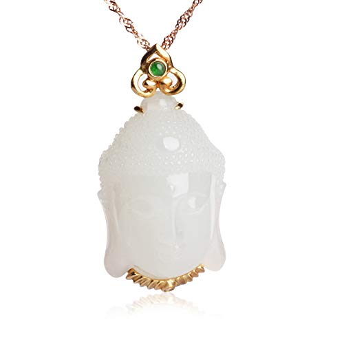 Natürliche Hotan Jade Buddha Kopf Anhänger weibliche 18K Gold weiße Jade Halskette