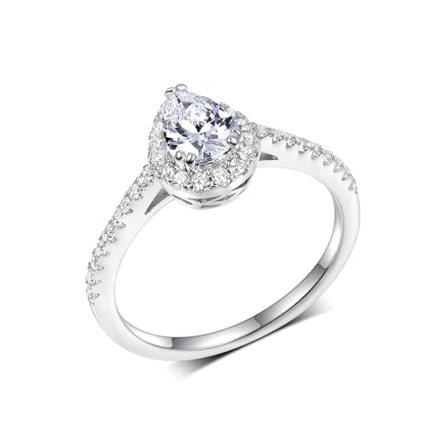 TIKJE Pear-Cut Cubic Zirconia Engagement Ring, Waterdrop Halo Design with Accent Fake Diamonds, 18K White Gold Plated, Promise Engagement Wedding Band Gift For Her Size 6-9