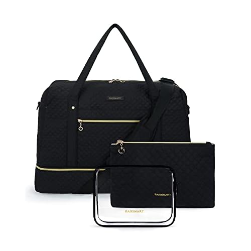 Travel Duffle Bag, BAGSMART 3 Pcs Set Weekender Overnight Bag for Women with Makeup Bag & Clear Toiletry Bag, Carry On Bag with Shoe Compartment for Travel, Business Trips(Black) G-Black-3 P