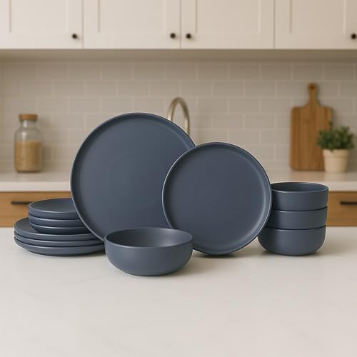 12-Piece Stoneware Dinnerware Set with Mugs | Microwave and Dishwasher Friendly | Stackable Matte Glaze Plates & Bowls | Service for 3 (Blue for 4)