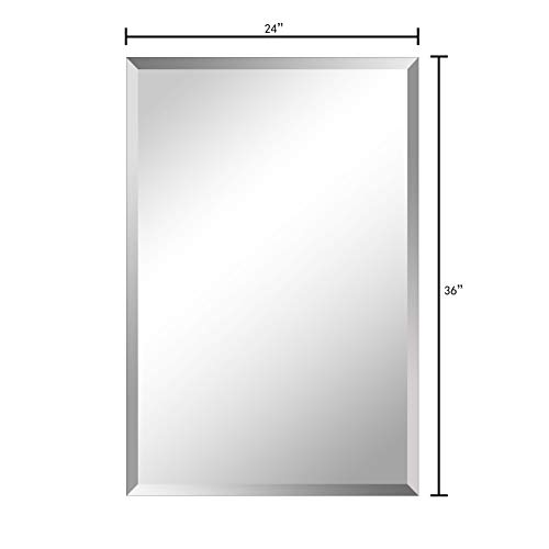HAUSCHEN 36 x 24 Inch Large Beveled Rectangular Frameless Wall Mirror with Black Solid Wood Backed Panel | Bathroom, Vanity, Bedroom Mirror | Horizonal & Vertical