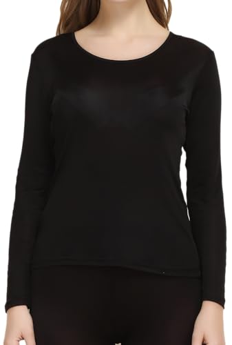 Women's Silk Thermal Underwear Long Johns Top Lightweight Mulberry Silk Shirt Baselayer Undershirts Pullover Blouse