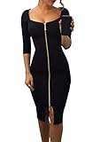 ZICUE Vestido Ajustado con Cremallera Delantera Y Mangas 3/4 para Mujer Vestidos Lápiz con Cuello Cuadrado Y Color Liso Negro L