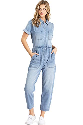 Celebrity Pink Women's Juniors Denim Coverall Aviator Jumpsuit (L, Light Denim)