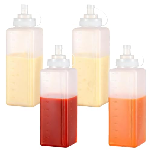 4 Pack 1 QT Large Condiment Squeeze Bottle for Sauses, 34oz Wide Mouth Liquids Dispenser Bottles with Lid, For Ketchup, Taco, Marinara, Pasta, BBQ, Spaghetti, Tomato Sauce, Restaurant-Grade Design