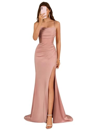 Image of Satin Bridesmaid Dress for Women 2025 Spaghetti Straps Mermaid Prom Dresses with Slit Evening Dresses KN003