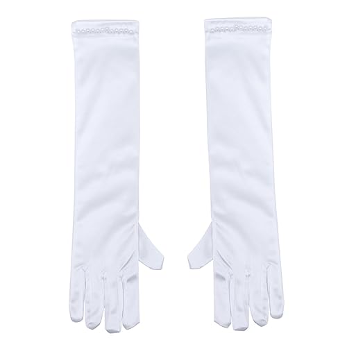 Flower Girl Long Satin Gloves with Pearl Decor Elegant Dress Gloves for Weddings Evening Parties and1
