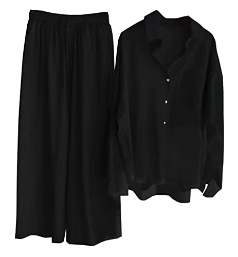 Beralst - Two Piece Outfits for Women, Long Sleeve Button Down Shirt and Wide Leg Pants Sets in Beige