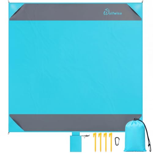 WolfWise Große Stranddecke 200 x 205 cm Sanddicht & Wasserdicht Ultraleichte Sandfrei für 4 Personen mit 4 Sandsäcken & 4 Heringen Tragbare Picknick & Campingdecke für Strand Park & Reisen Blau