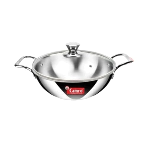 Image of Camro Triply Artisian kadhai with Glass Lid | Kadhai for Deep Frying | Kadhai Induction Base | Kadai for Cooking Stainless Steel | Induction Friendly Dishwasher Safe (5.8 Liters)
