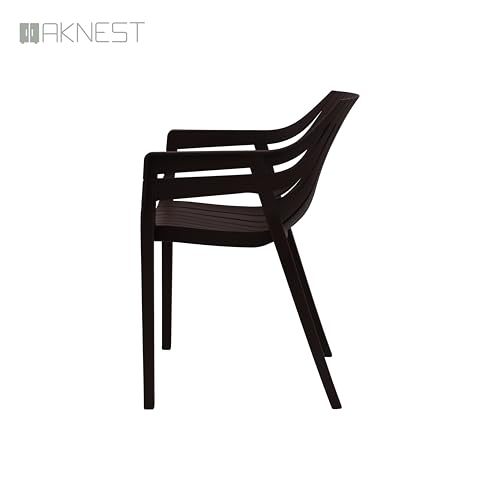 Image of OAKNEST Supreme Spectrum Plastic Arm Chair - Modern Slatted Stackable Chair for Living Room, Dining, Garden, Balcony, Restaurant & Cafe | Weatherproof Indoor Outdoor Designer Chair, Set of 4,G Brown