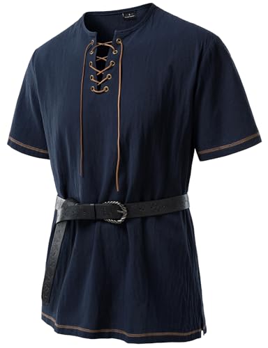 JEMITOP Mens Renaissance Costume Retro Short Sleeves Lace Up Shirts Tunic for Pirate Viking Medieval Halloween Cosplay Without Belt Navy Blue L