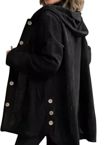 Women Corduroy Casual Jackets Long Sleeve Hooded Shirt Plus Size Button Down Shacket Jacket with Pockets