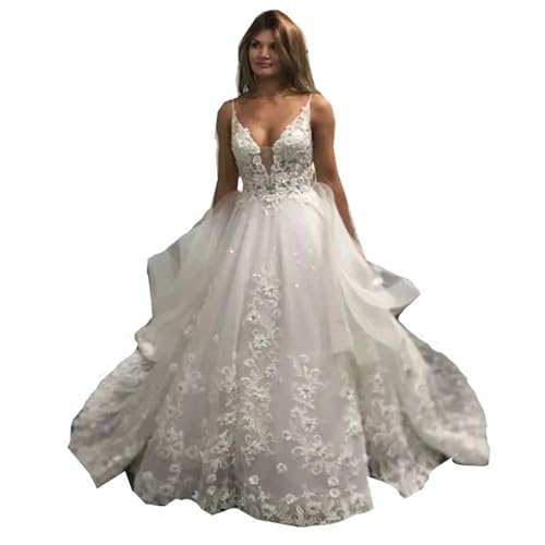 Vestido de noiva com alças finas, costas nuas, lantejoulas, renda...