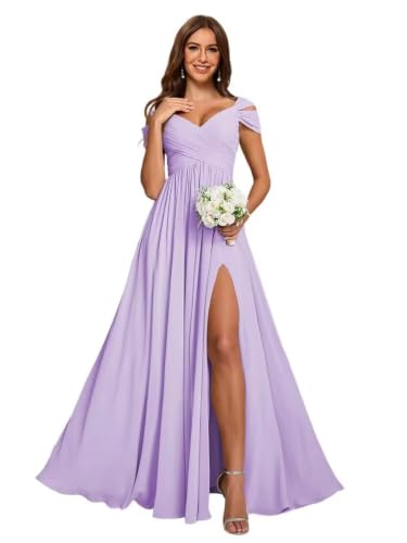 Off Shoulder Chiffon Bridesmaid Dresses Plus Size for Curvy Women 2026 Cold Sleeve Ruched A-Line Prom Dress Long Pleated Formal Party Gowns with Slit 22 Lilac