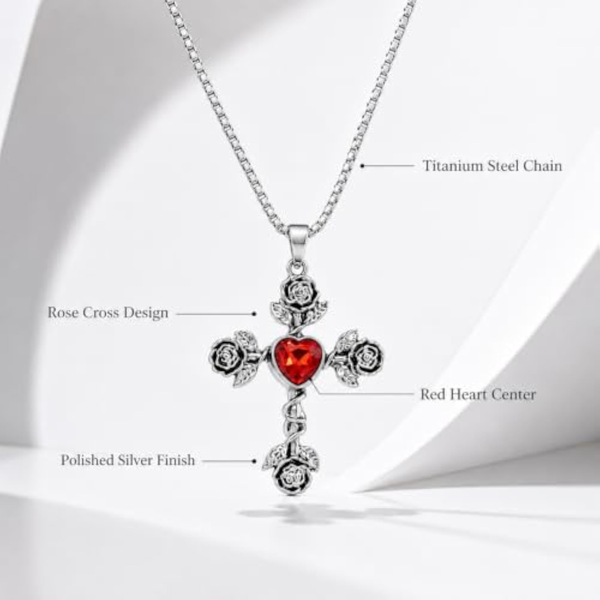 Vintage Rose Cross Pendant Necklace with Red Crystal
