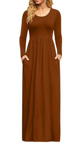 Image of DB MOON Women Casual Long Sleeve Brown Maxi Dresses Empire Waist Long Dress with Pocket L
