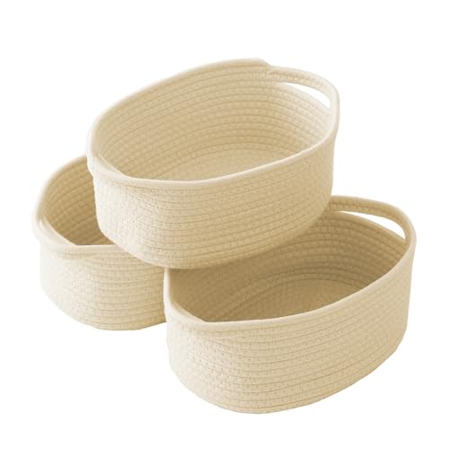 Image of JMvicyroam Small Woven Basket, Empty Gift Basket, Beige /3 Pack | Small Gift Basket, Cotton Rope, 12 x 8 x 11 in, Handles, Includes Ribbon and Bag, Birthday Gift Basket