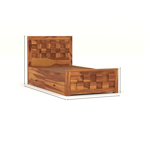 Image of Solid Sheesham Wood Single Size Bed with 2 Drawer Storage Wooden Single Cot Bed for Home Living Room Bedroom Guest Room Hotel (Honey, Size 6 * 3)