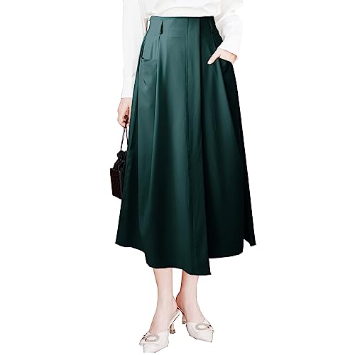 Women's High Waist Elastic Waist A-Line Midi Skirt with Pockets2