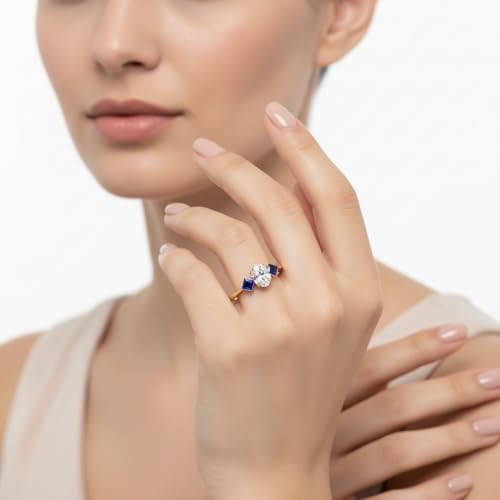 Image of Choose Your Gemstone Kite Design Diamond CZ Ring Yellow Gold Plated Oval Shape 3 Stone Engagement Rings Everyday Jewelry Wedding Jewelry Handmade Gifts for Wife US Size 4 to 12