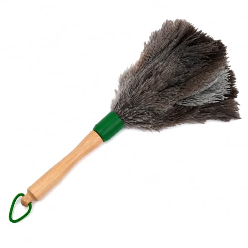 Clim Profesional Plumero Avestruz 30cm Mango Madera Fabricado España | Plumas Naturales, Carga Electrostática, Suave y Duradero, Dimensiones Compactas